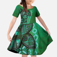 Samoan Pacific Tribal Flower Geometric Art Tattoos Family Matching Off Shoulder Maxi Dress and Hawaiian Shirt Siapo Pattern Emerald Glow - Polynesian Pride