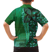 Samoan Pacific Tribal Flower Geometric Art Tattoos Family Matching Off Shoulder Short Dress and Hawaiian Shirt Siapo Pattern Emerald Glow - Polynesian Pride