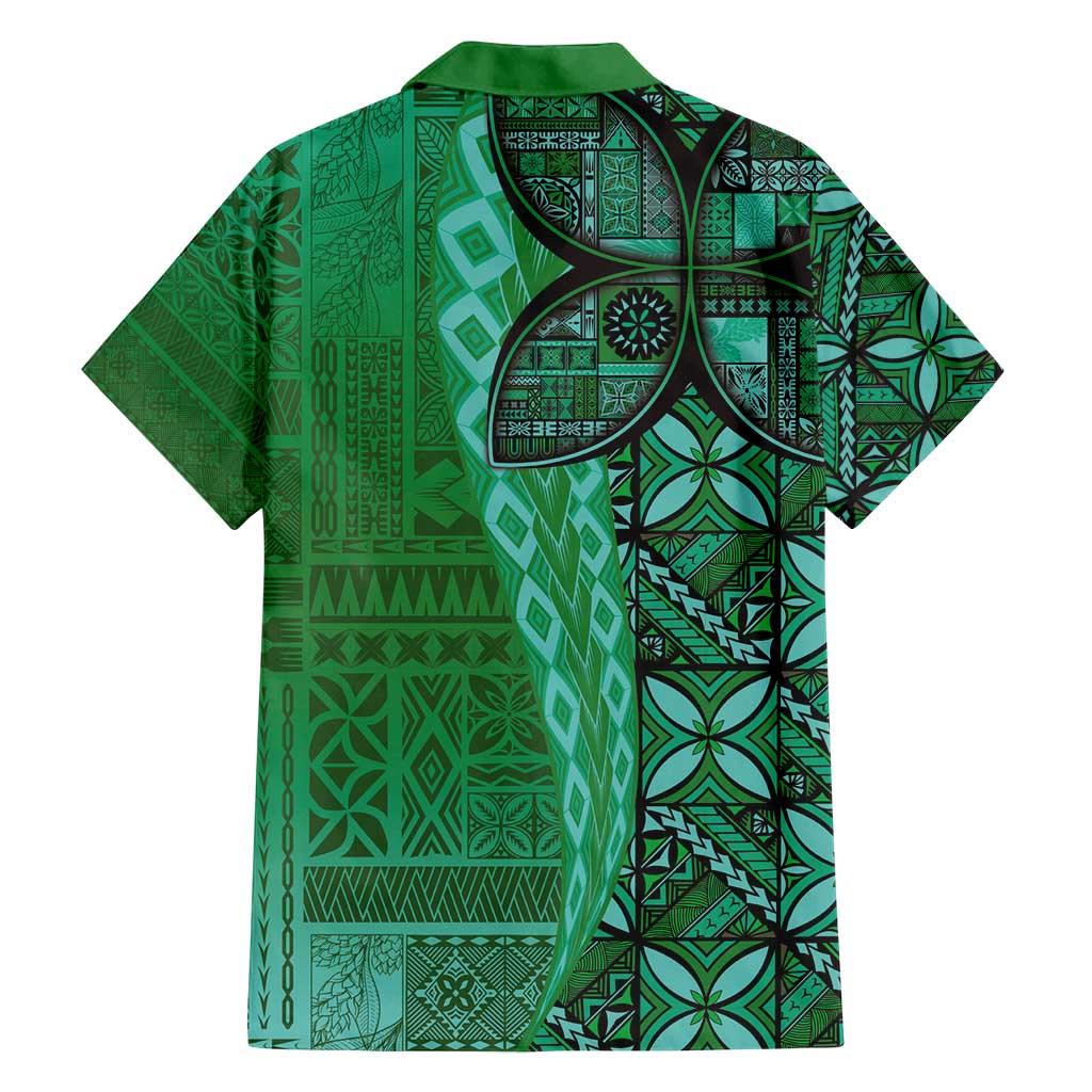 Samoan Pacific Tribal Flower Geometric Art Tattoos Family Matching Off Shoulder Short Dress and Hawaiian Shirt Siapo Pattern Emerald Glow - Polynesian Pride