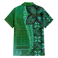 Samoan Pacific Tribal Flower Geometric Art Tattoos Family Matching Off Shoulder Short Dress and Hawaiian Shirt Siapo Pattern Emerald Glow - Polynesian Pride