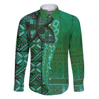 Samoan Pacific Tribal Flower Geometric Art Tattoos Family Matching Off Shoulder Short Dress and Hawaiian Shirt Siapo Pattern Emerald Glow - Polynesian Pride