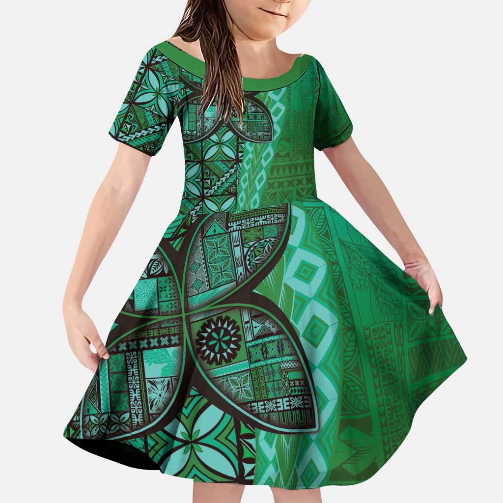 Samoan Pacific Tribal Flower Geometric Art Tattoos Family Matching Puletasi and Hawaiian Shirt Siapo Pattern Emerald Glow - Polynesian Pride