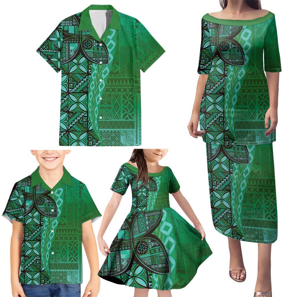 Samoan Pacific Tribal Flower Geometric Art Tattoos Family Matching Puletasi and Hawaiian Shirt Siapo Pattern Emerald Glow - Polynesian Pride