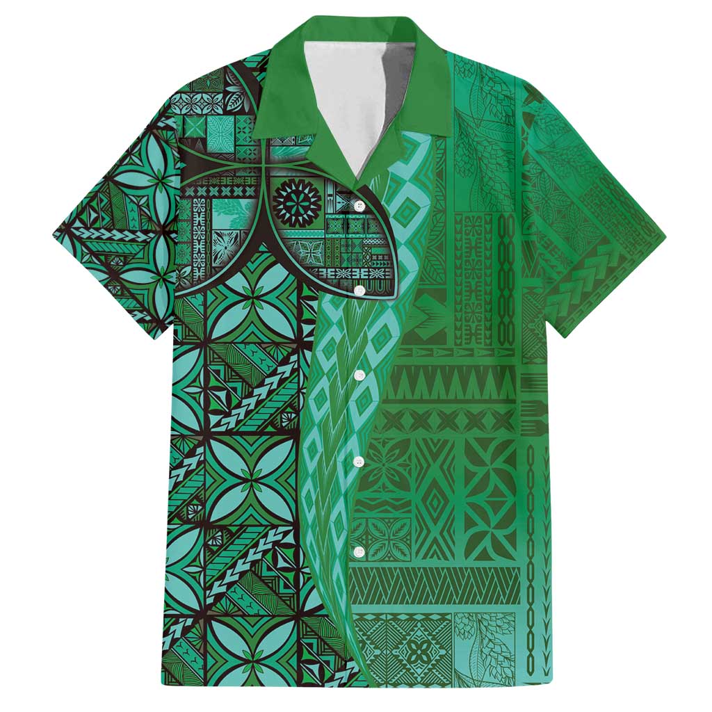 Samoan Pacific Tribal Flower Geometric Art Tattoos Family Matching Puletasi and Hawaiian Shirt Siapo Pattern Emerald Glow - Polynesian Pride