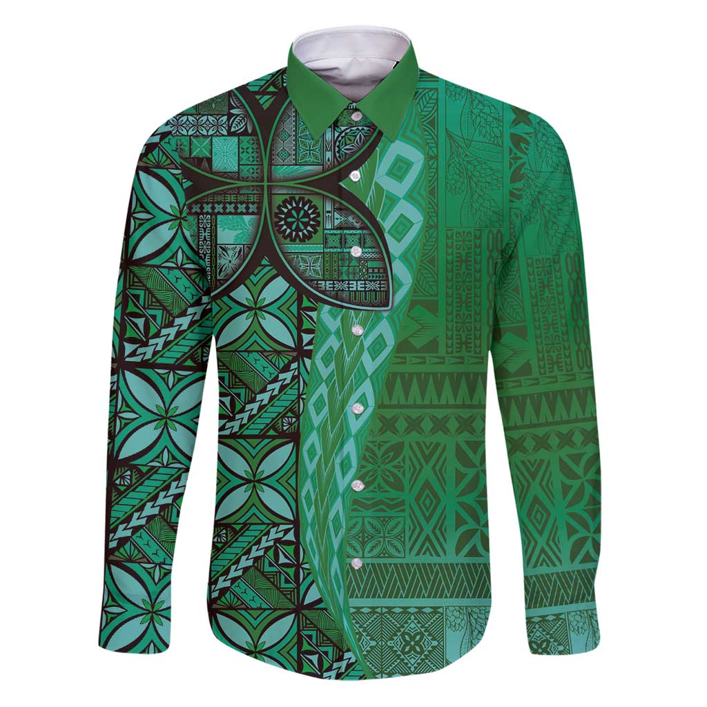 Samoan Pacific Tribal Flower Geometric Art Tattoos Family Matching Puletasi and Hawaiian Shirt Siapo Pattern Emerald Glow - Polynesian Pride