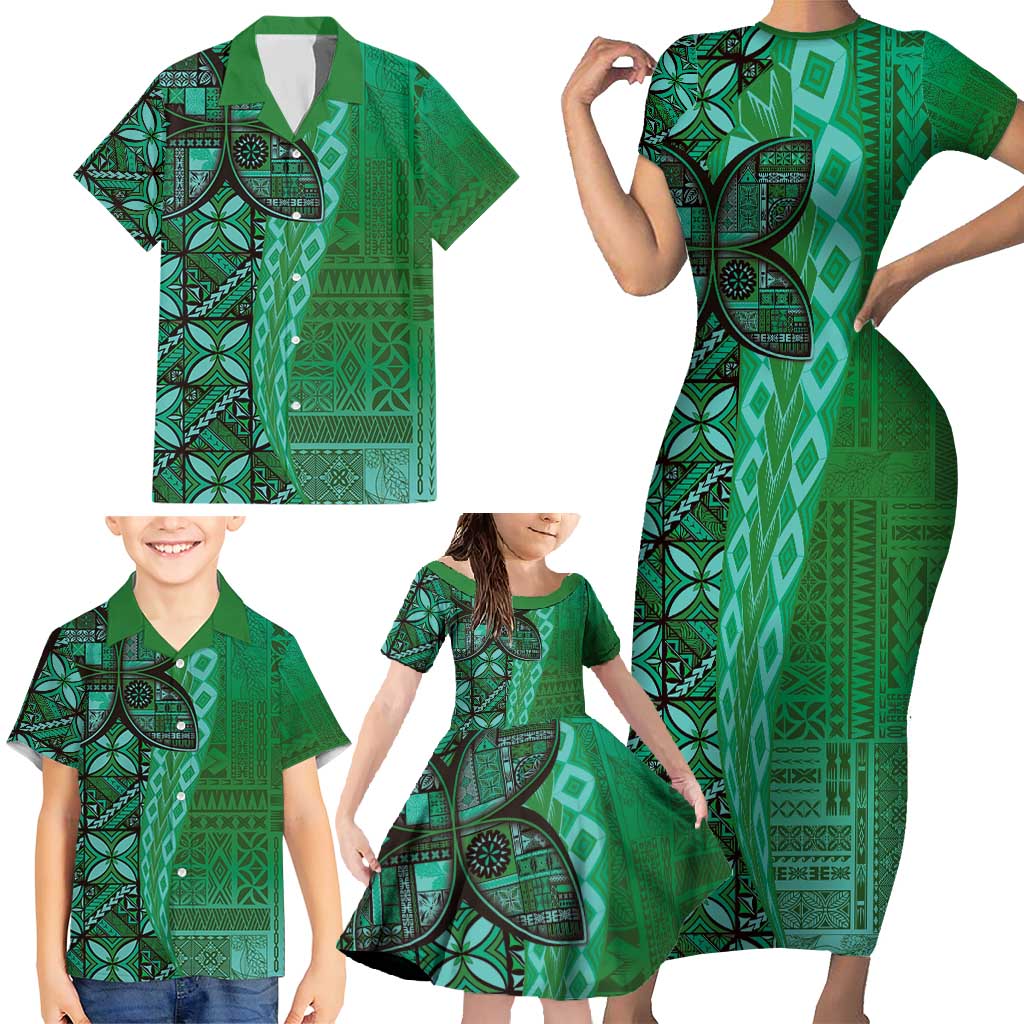 Samoan Pacific Tribal Flower Geometric Art Tattoos Family Matching Short Sleeve Bodycon Dress and Hawaiian Shirt Siapo Pattern Emerald Glow - Polynesian Pride