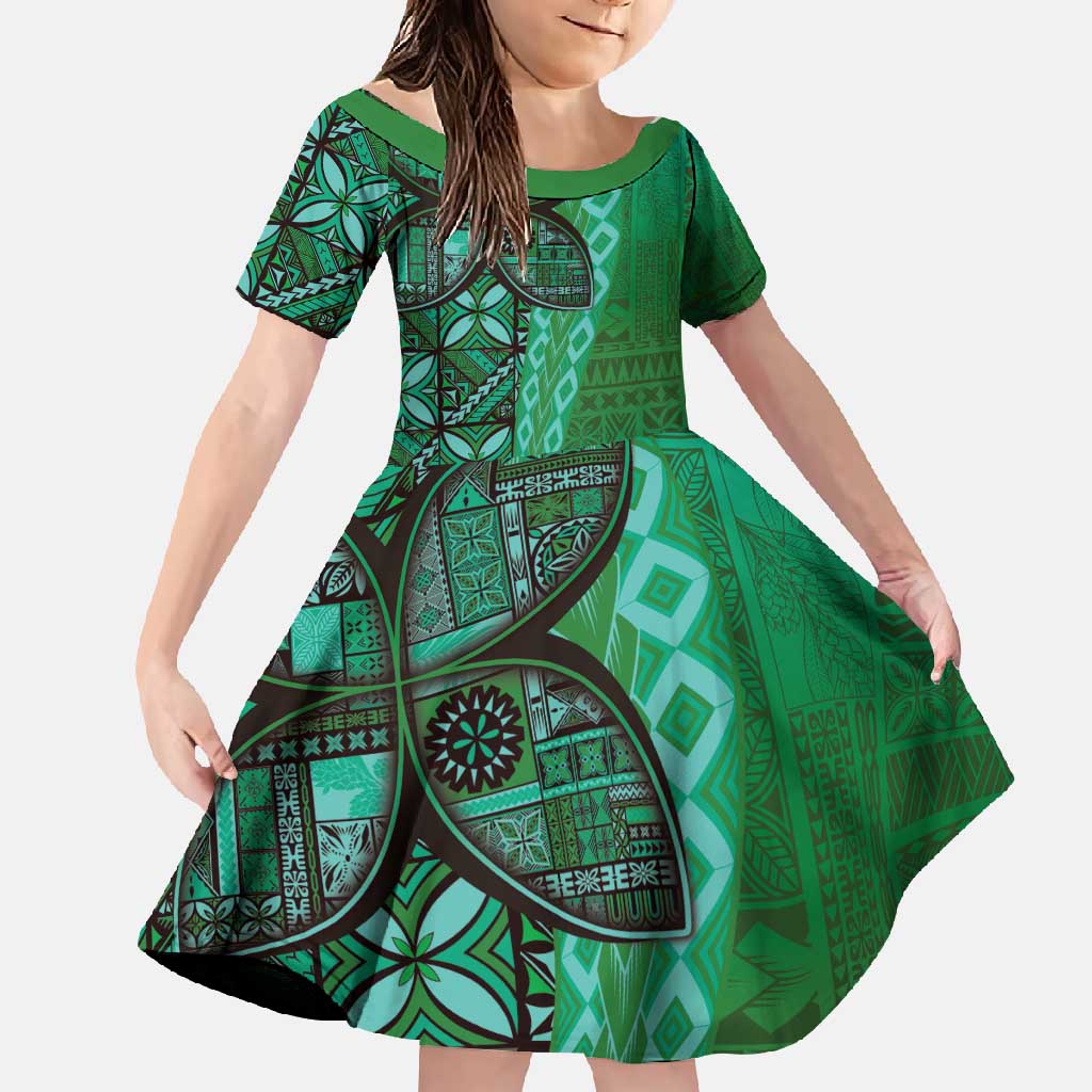 Samoan Pacific Tribal Flower Geometric Art Tattoos Family Matching Summer Maxi Dress and Hawaiian Shirt Siapo Pattern Emerald Glow - Polynesian Pride