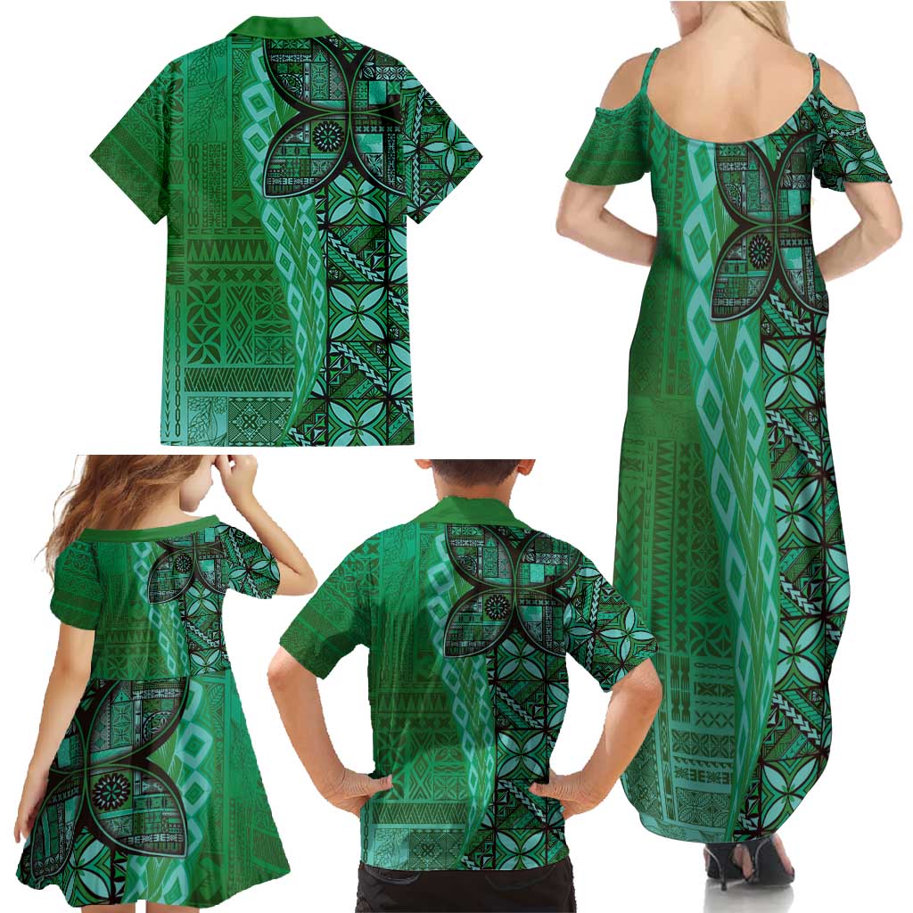 Samoan Pacific Tribal Flower Geometric Art Tattoos Family Matching Summer Maxi Dress and Hawaiian Shirt Siapo Pattern Emerald Glow - Polynesian Pride
