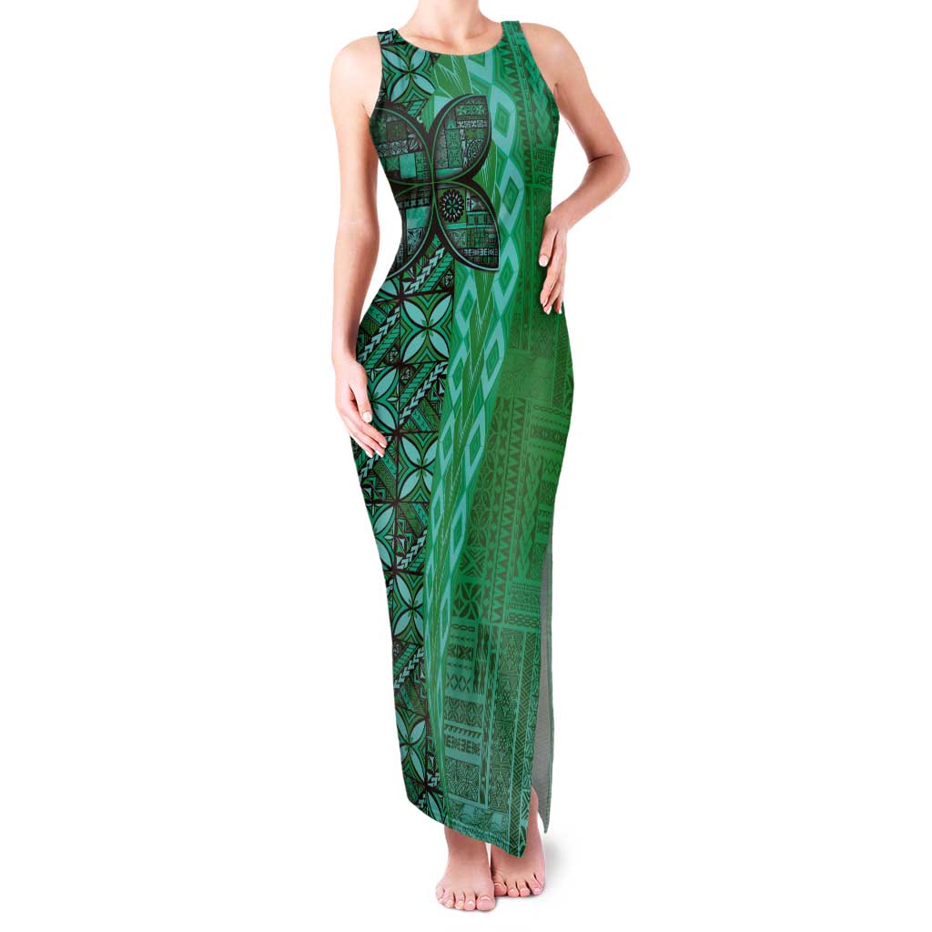 Samoan Pacific Tribal Flower Geometric Art Tattoos Family Matching Tank Maxi Dress and Hawaiian Shirt Siapo Pattern Emerald Glow - Polynesian Pride