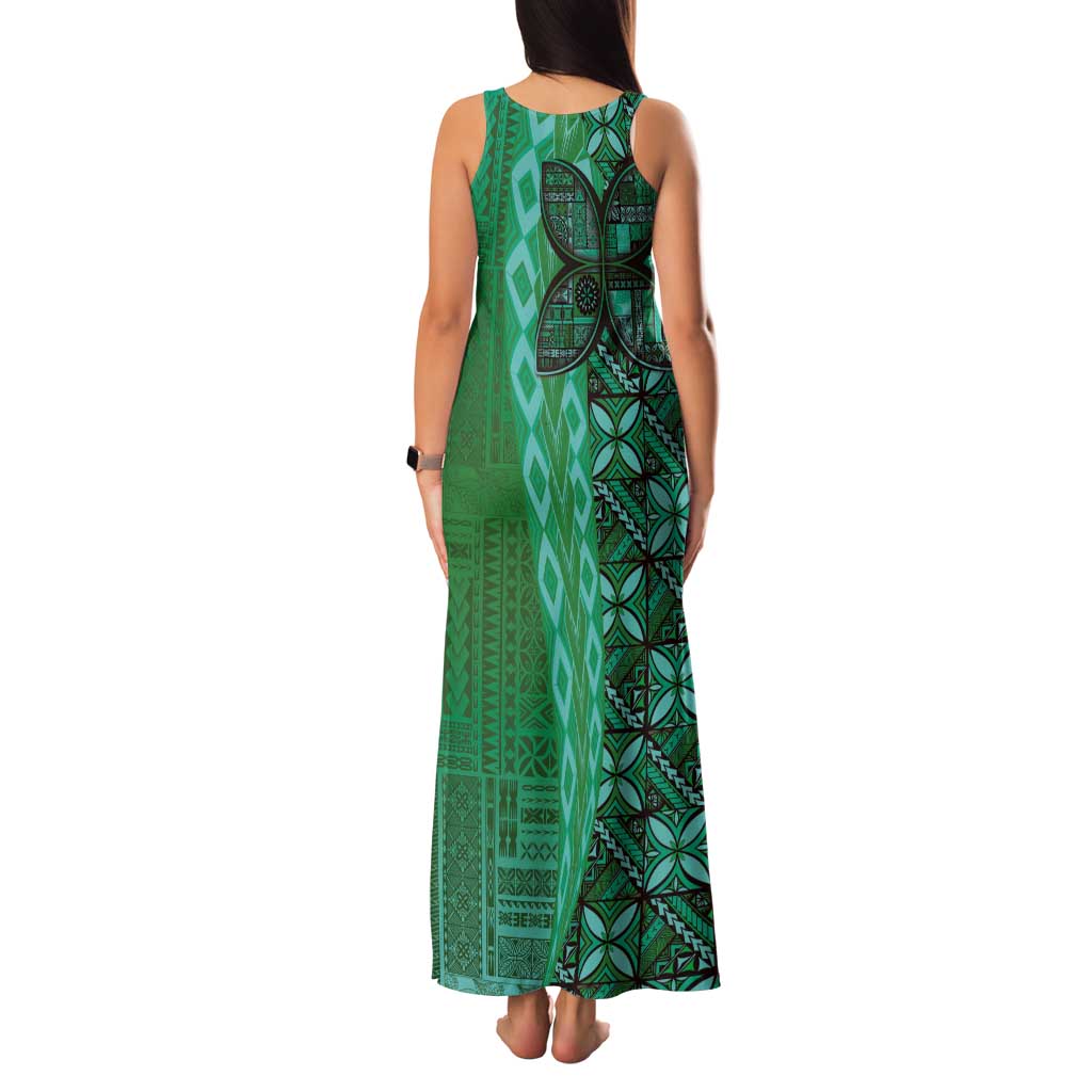 Samoan Pacific Tribal Flower Geometric Art Tattoos Family Matching Tank Maxi Dress and Hawaiian Shirt Siapo Pattern Emerald Glow - Polynesian Pride