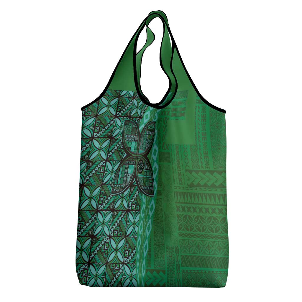 Samoan Pacific Tribal Flower Geometric Art Tattoos Grocery Bag Siapo Pattern Emerald Glow - Polynesian Pride