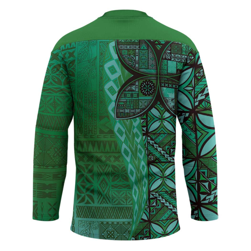 Samoan Pacific Tribal Flower Geometric Art Tattoos Hockey Jersey Siapo Pattern Emerald Glow - Polynesian Pride