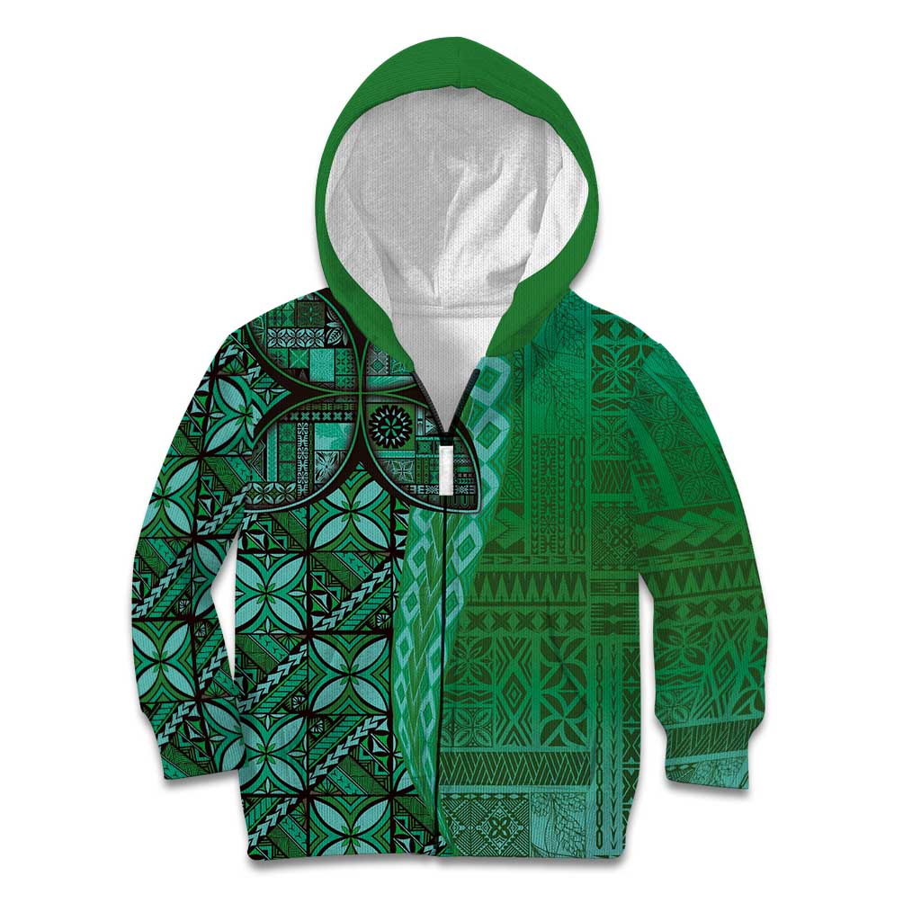 Samoan Pacific Tribal Flower Geometric Art Tattoos Kid Hoodie Siapo Pattern Emerald Glow LT03 Zip Hoodie Green - Polynesian Pride