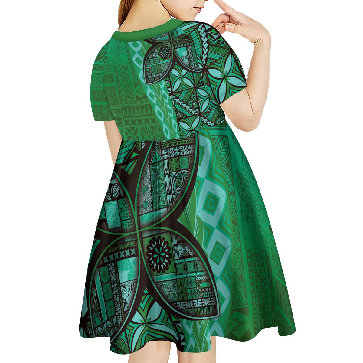 Samoan Pacific Tribal Flower Geometric Art Tattoos Kid Short Sleeve Dress Siapo Pattern Emerald Glow LT03 - Polynesian Pride