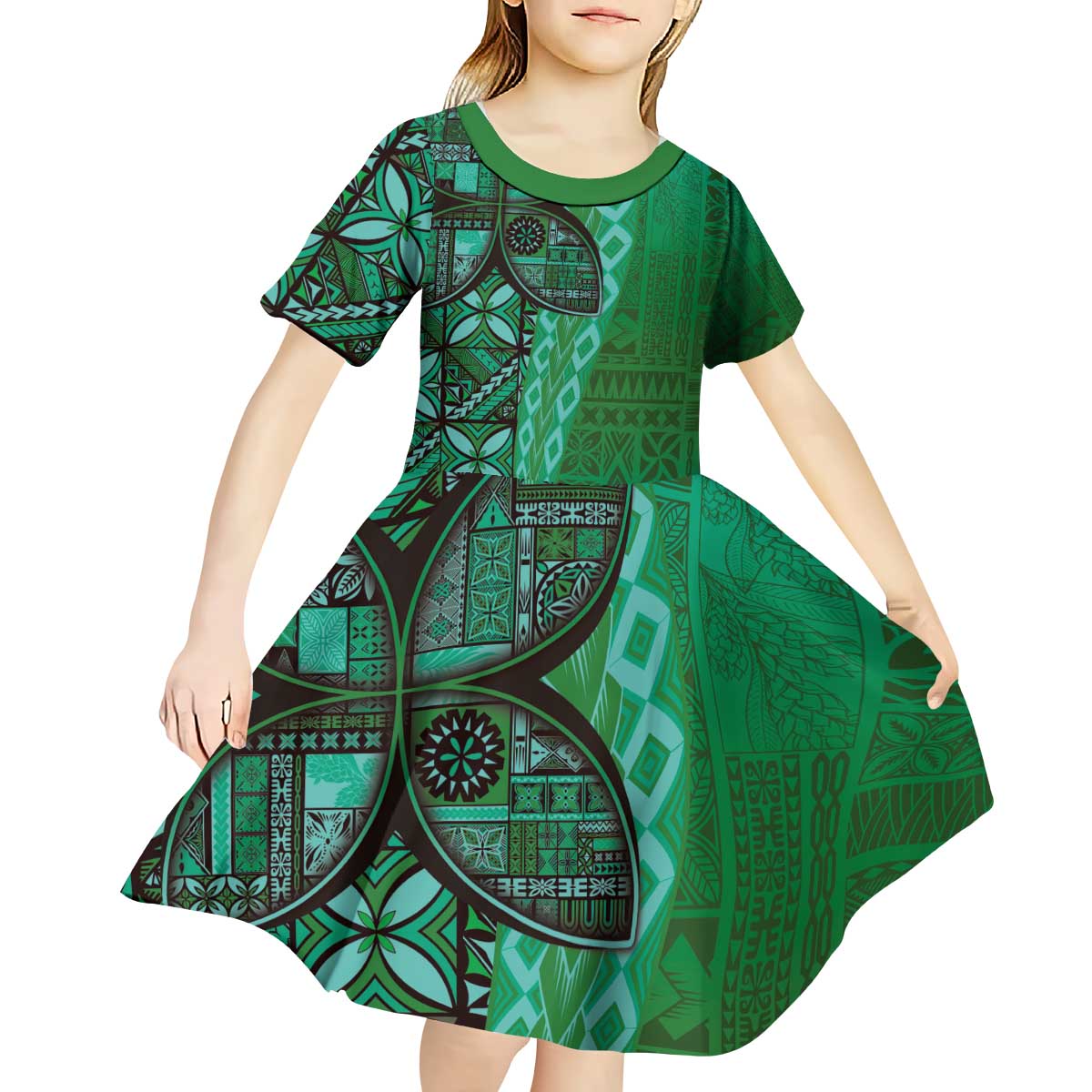 Samoan Pacific Tribal Flower Geometric Art Tattoos Kid Short Sleeve Dress Siapo Pattern Emerald Glow LT03 - Polynesian Pride
