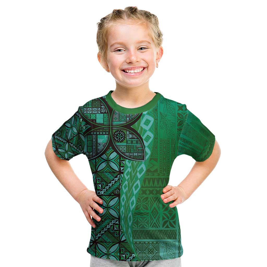 Samoan Pacific Tribal Flower Geometric Art Tattoos Kid T Shirt Siapo Pattern Emerald Glow - Polynesian Pride