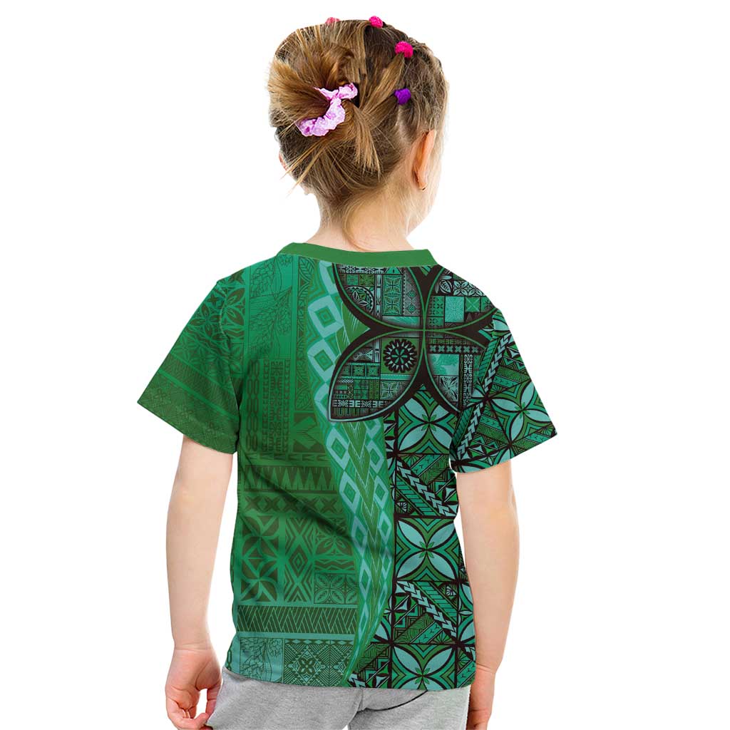 Samoan Pacific Tribal Flower Geometric Art Tattoos Kid T Shirt Siapo Pattern Emerald Glow - Polynesian Pride