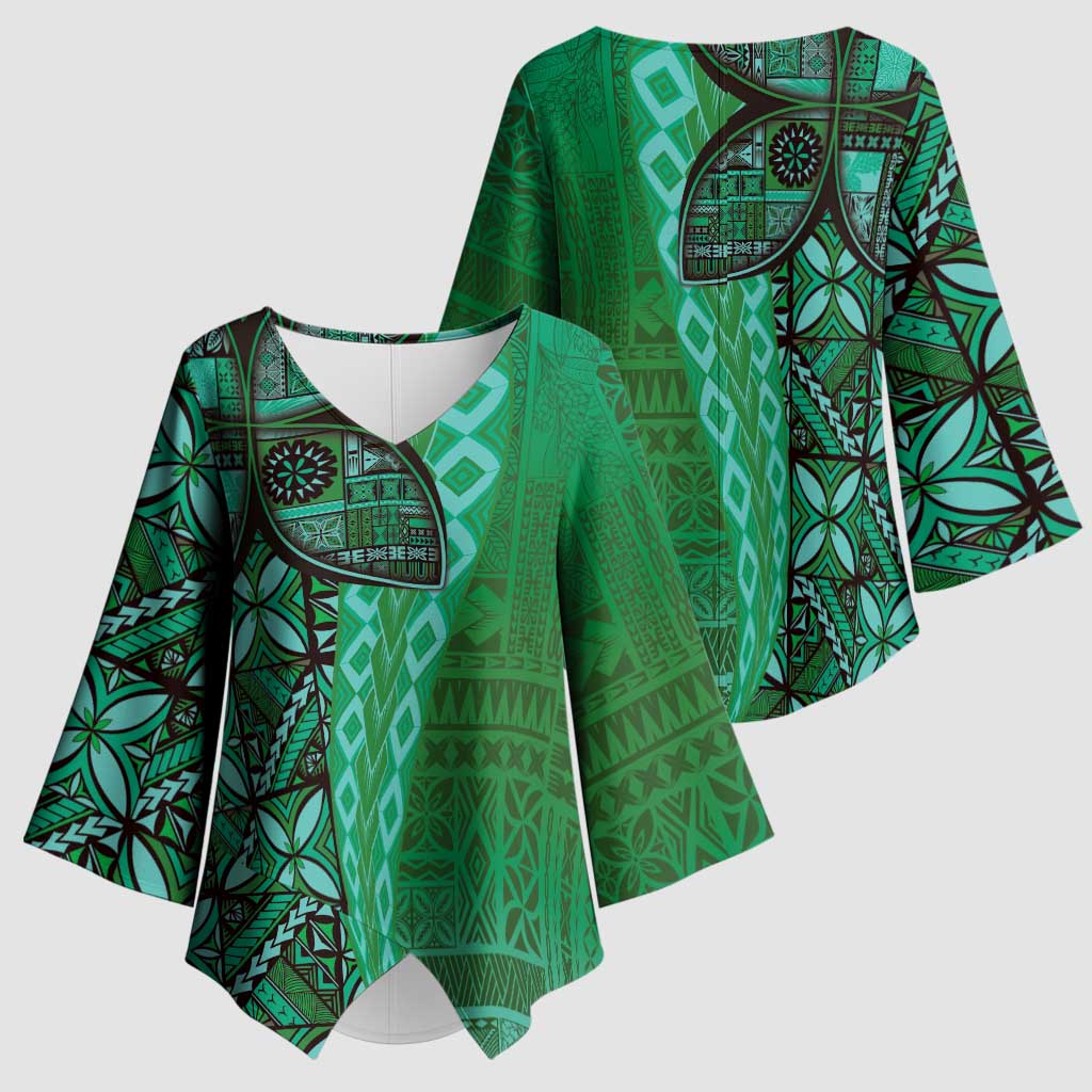 Samoan Pacific Tribal Flower Geometric Art Tattoos Kimono Sleeve Blouse Siapo Pattern Emerald Glow - Polynesian Pride
