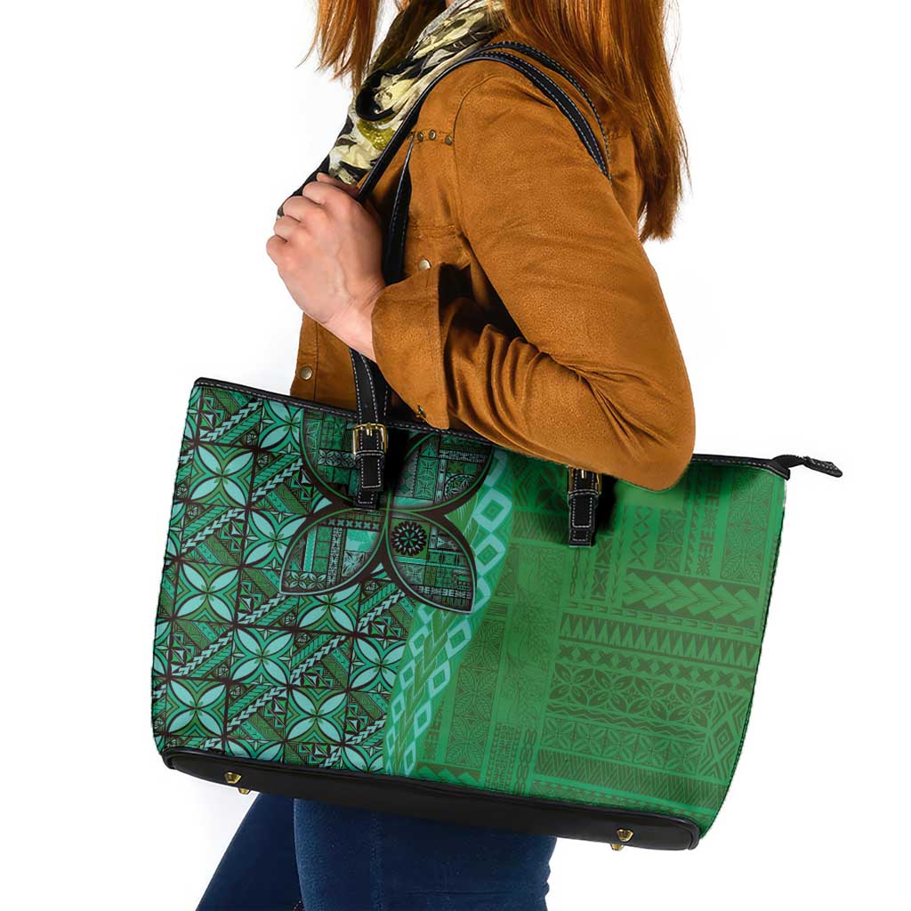 Samoan Pacific Tribal Flower Geometric Art Tattoos Leather Tote Bag Siapo Pattern Emerald Glow - Polynesian Pride