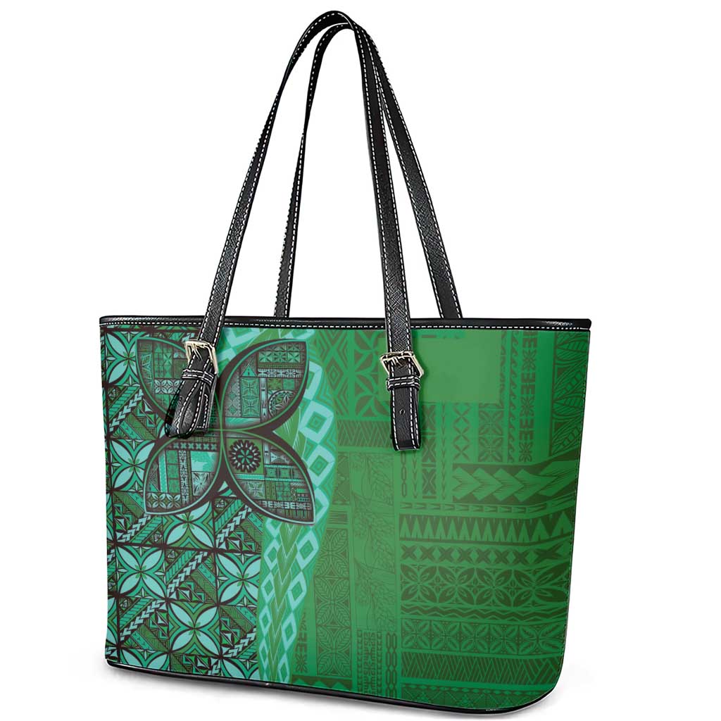 Samoan Pacific Tribal Flower Geometric Art Tattoos Leather Tote Bag Siapo Pattern Emerald Glow - Polynesian Pride