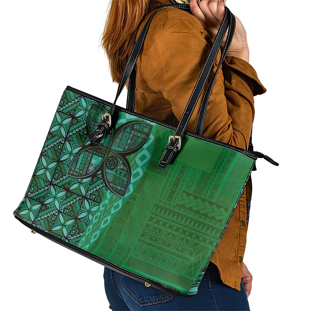 Samoan Pacific Tribal Flower Geometric Art Tattoos Leather Tote Bag Siapo Pattern Emerald Glow - Polynesian Pride