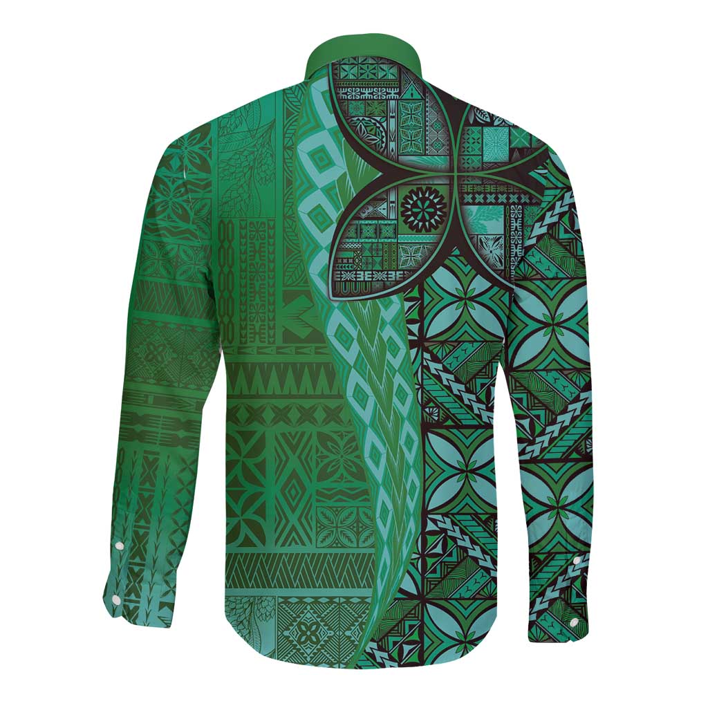 Samoan Pacific Tribal Flower Geometric Art Tattoos Long Sleeve Button Shirt Siapo Pattern Emerald Glow - Polynesian Pride