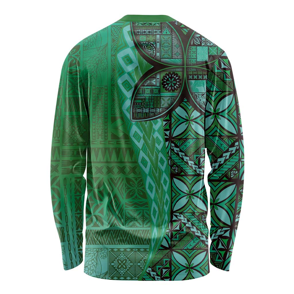 Samoan Pacific Tribal Flower Geometric Art Tattoos Long Sleeve Shirt Siapo Pattern Emerald Glow - Polynesian Pride