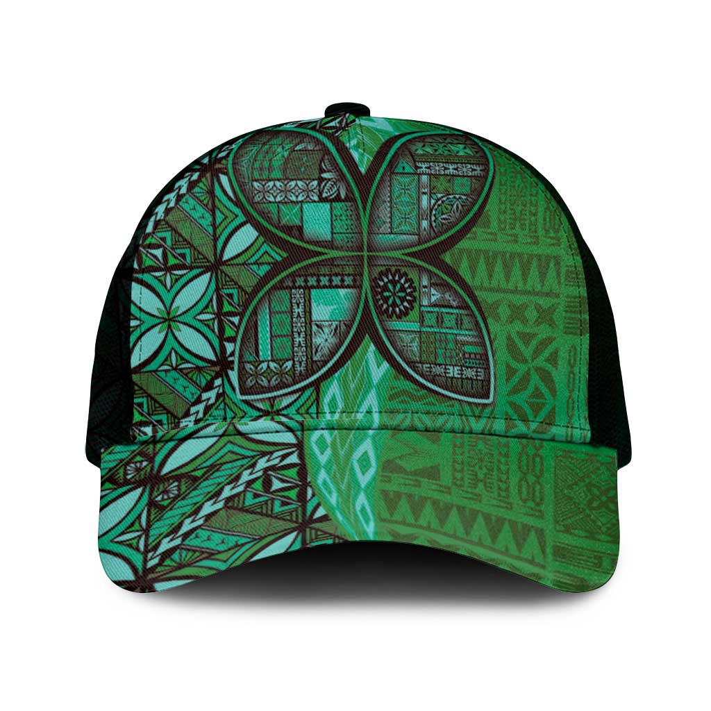 Samoan Pacific Tribal Flower Geometric Art Tattoos Mesh Trucker Cap Siapo Pattern Emerald Glow - Polynesian Pride