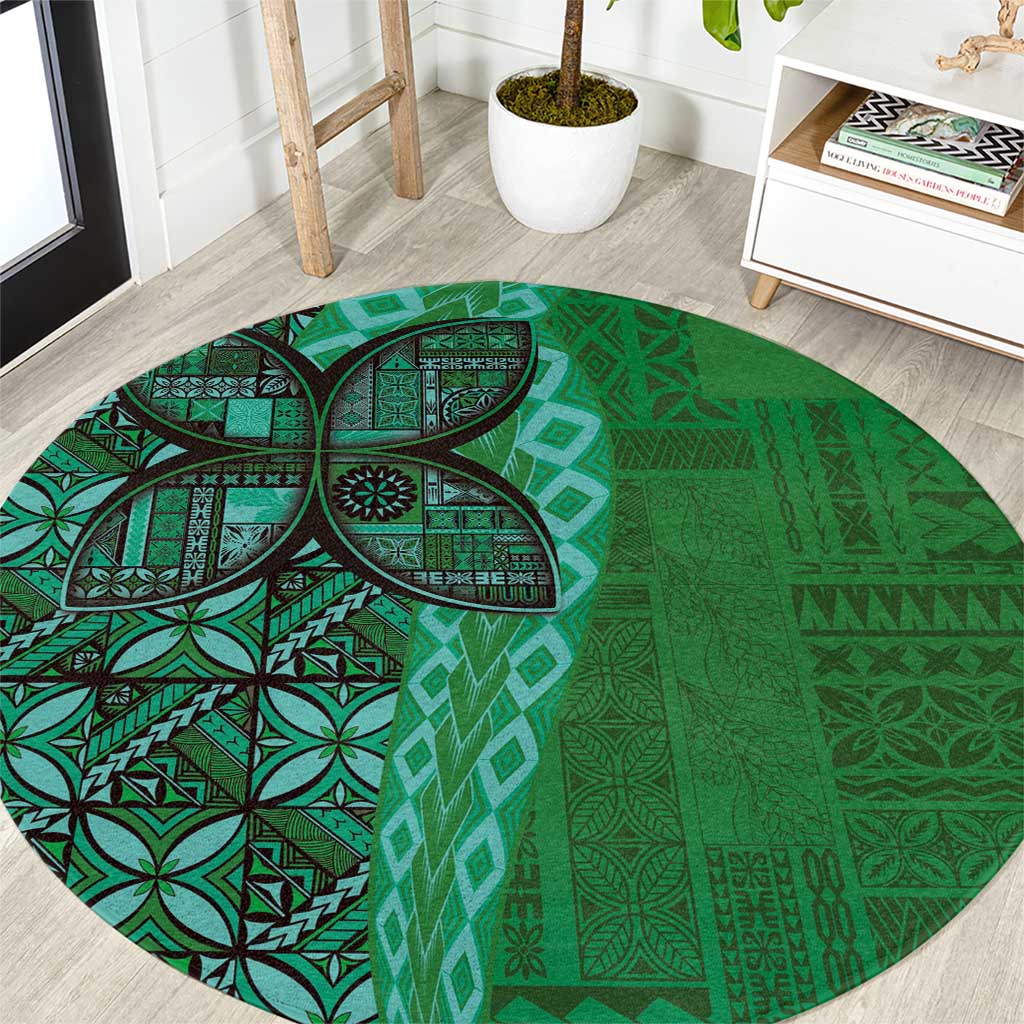 Samoan Pacific Tribal Flower Geometric Art Tattoos Round Carpet Siapo Pattern Emerald Glow - Polynesian Pride