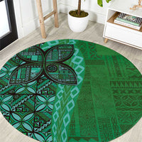 Samoan Pacific Tribal Flower Geometric Art Tattoos Round Carpet Siapo Pattern Emerald Glow - Polynesian Pride