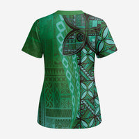 Samoan Pacific Tribal Flower Geometric Art Tattoos Scrub Top Siapo Pattern Emerald Glow - Polynesian Pride