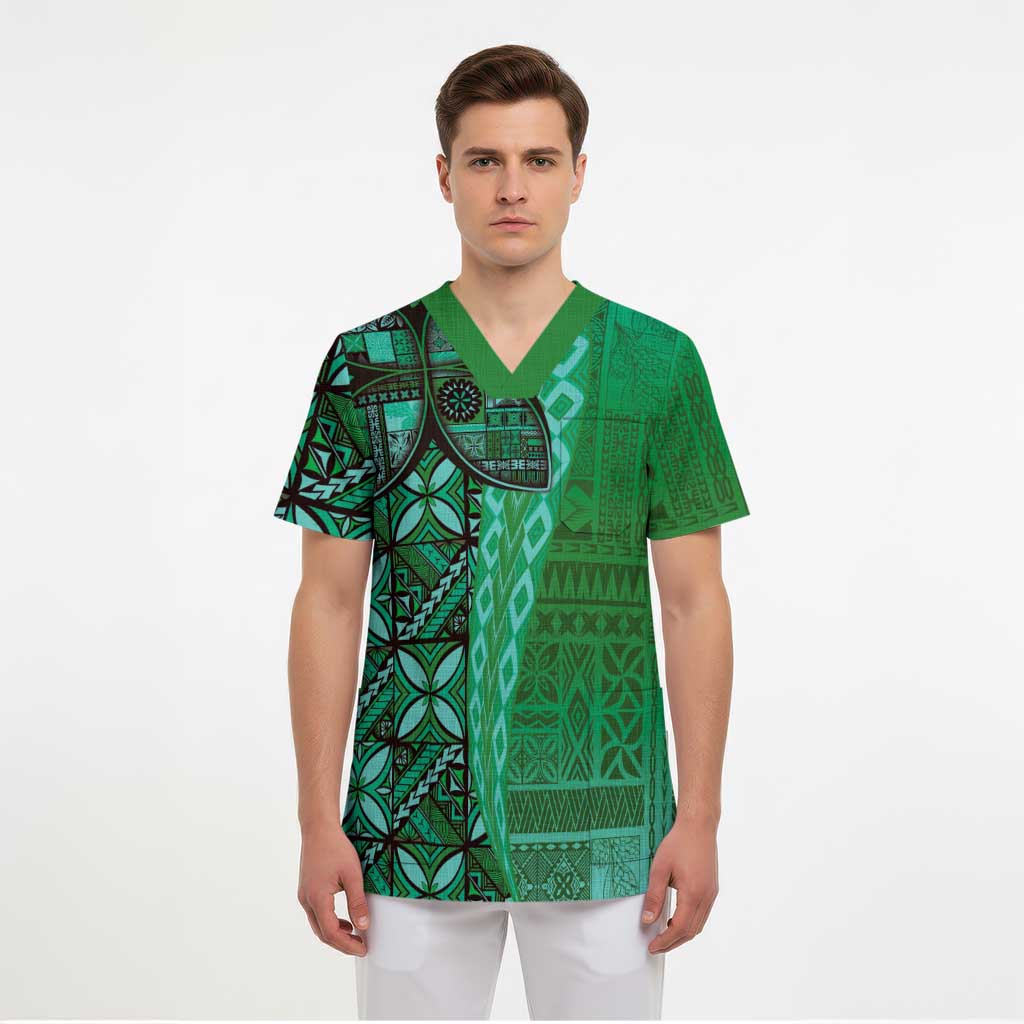 Samoan Pacific Tribal Flower Geometric Art Tattoos Scrub Top Siapo Pattern Emerald Glow - Polynesian Pride
