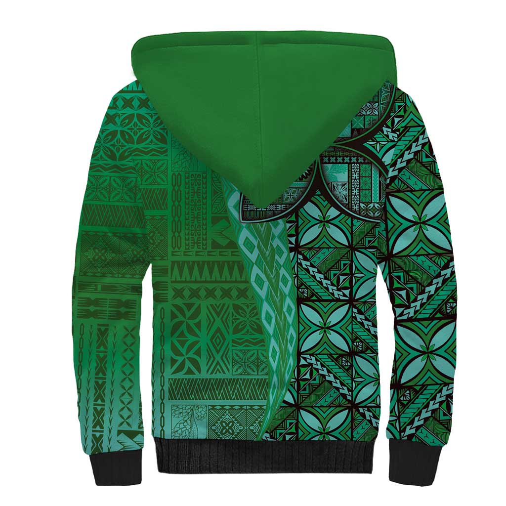 Samoan Pacific Tribal Flower Geometric Art Tattoos Sherpa Hoodie Siapo Pattern Emerald Glow - Polynesian Pride