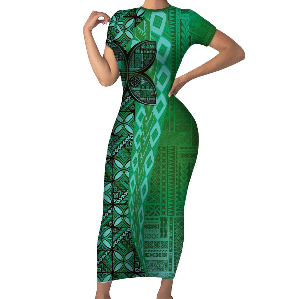 Samoan Pacific Tribal Flower Geometric Art Tattoos Short Sleeve Bodycon Dress Siapo Pattern Emerald Glow - Polynesian Pride