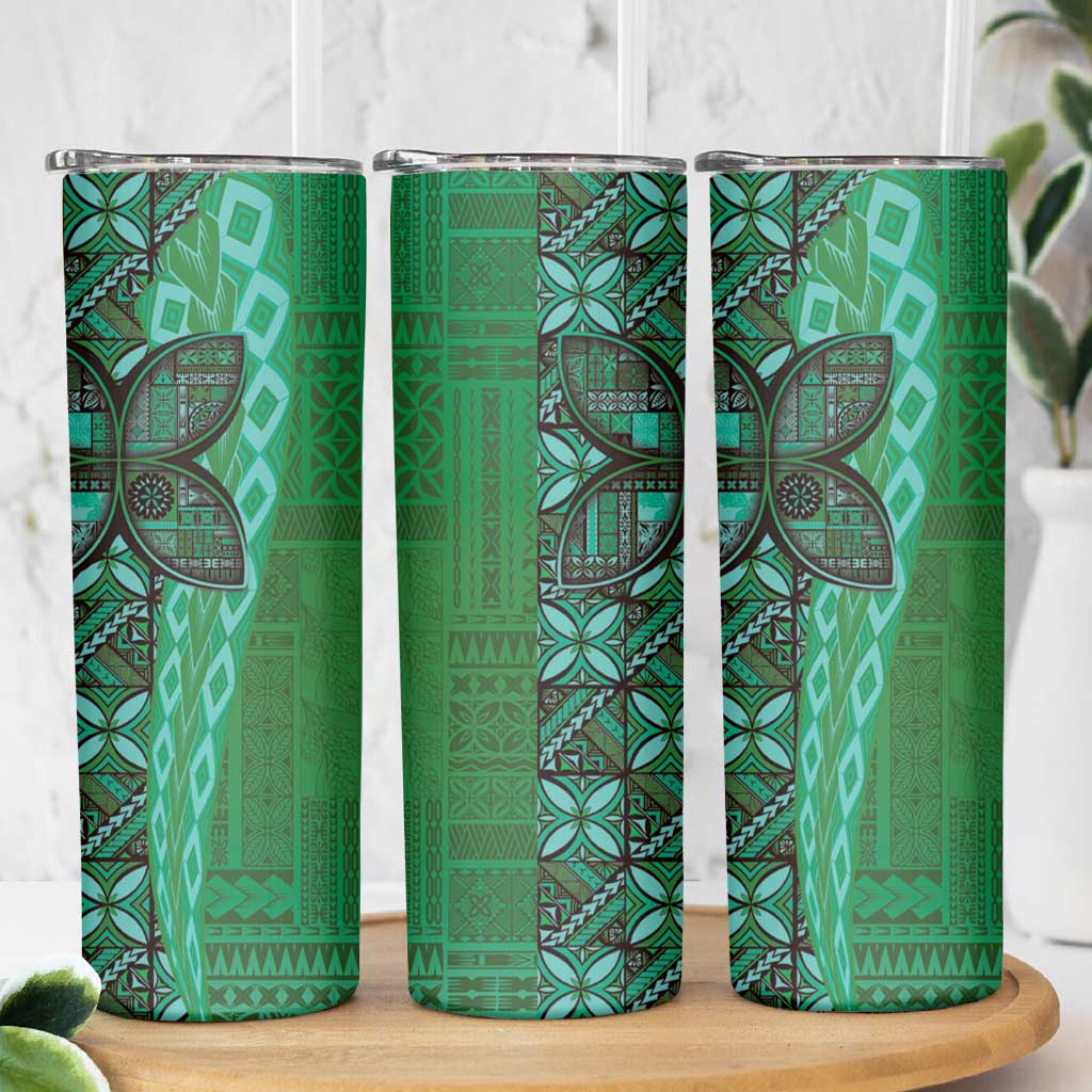 Samoan Pacific Tribal Flower Geometric Art Tattoos Skinny Tumbler Siapo Pattern Emerald Glow - Polynesian Pride