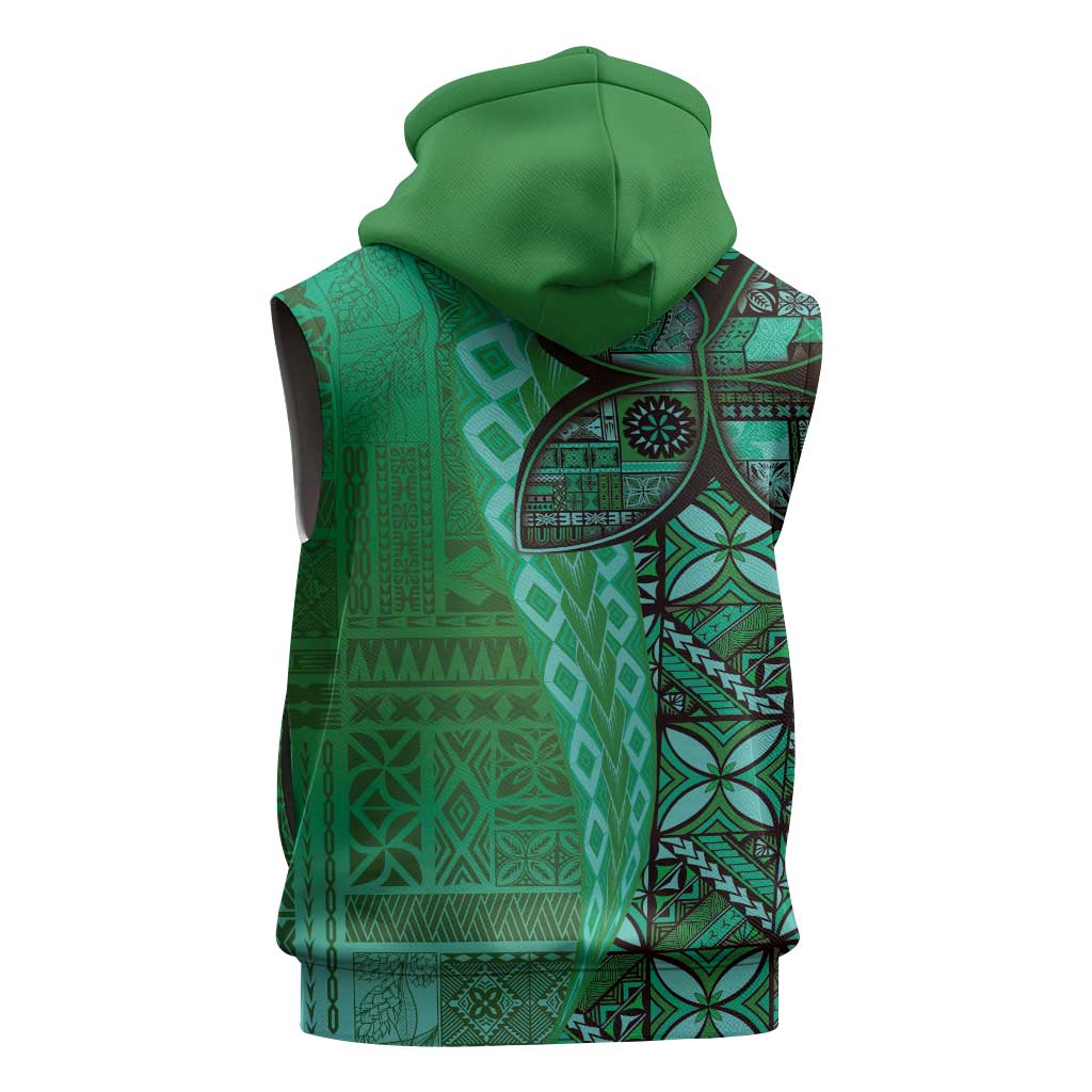 Samoan Pacific Tribal Flower Geometric Art Tattoos Sleeveless Zip Hoodie Siapo Pattern Emerald Glow - Polynesian Pride