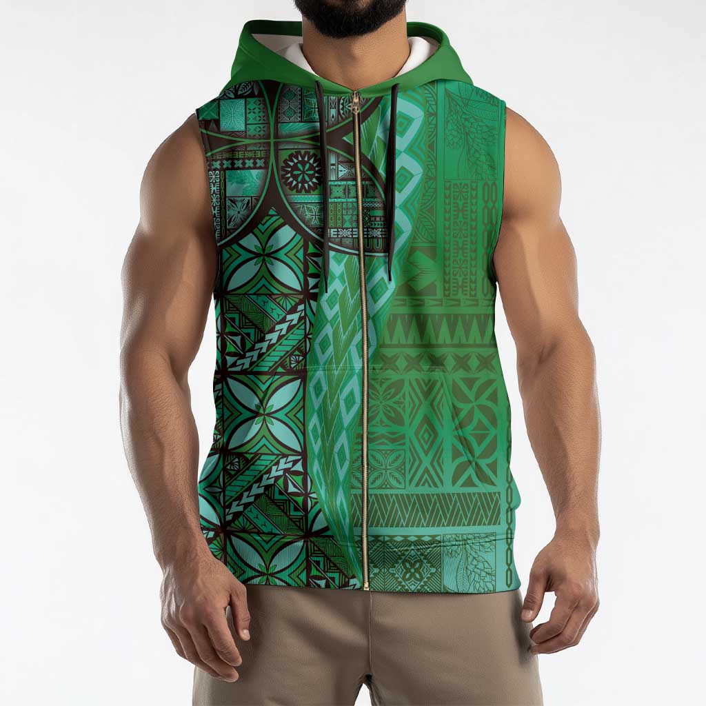 Samoan Pacific Tribal Flower Geometric Art Tattoos Sleeveless Zip Hoodie Siapo Pattern Emerald Glow - Polynesian Pride