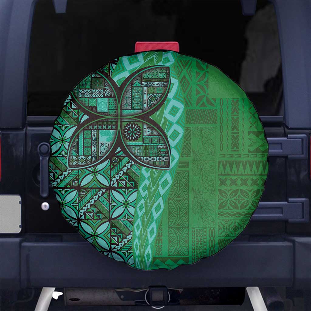 Samoan Pacific Tribal Flower Geometric Art Tattoos Spare Tire Cover Siapo Pattern Emerald Glow - Polynesian Pride
