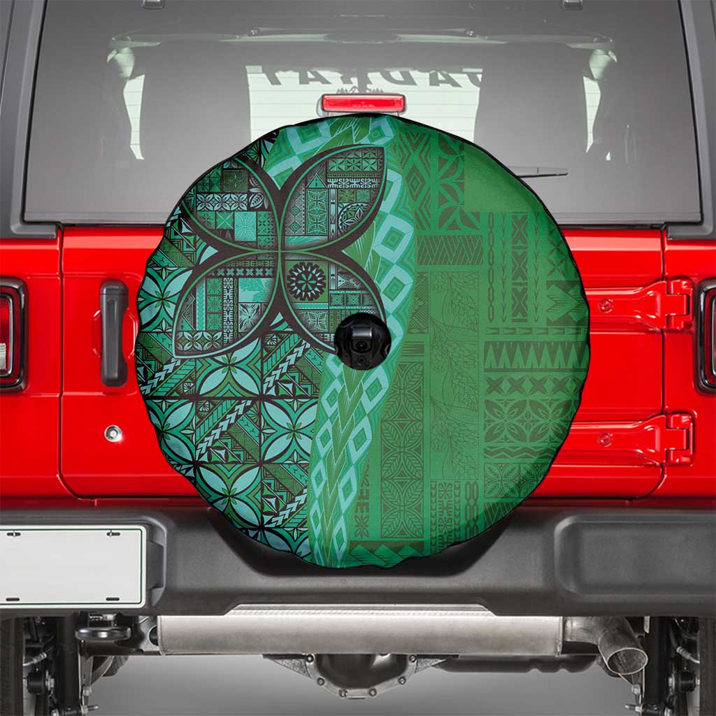 Samoan Pacific Tribal Flower Geometric Art Tattoos Spare Tire Cover Siapo Pattern Emerald Glow - Polynesian Pride