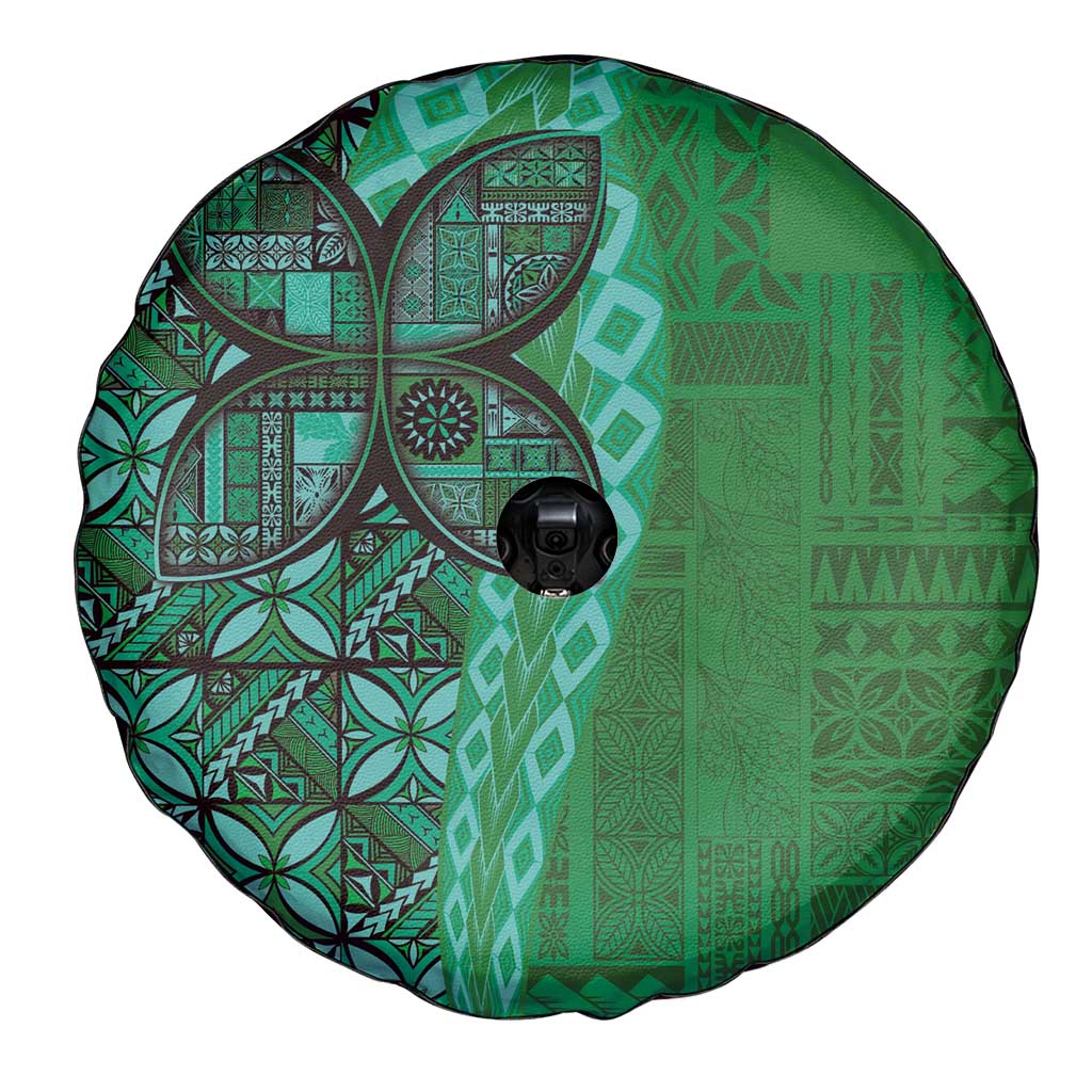 Samoan Pacific Tribal Flower Geometric Art Tattoos Spare Tire Cover Siapo Pattern Emerald Glow - Polynesian Pride
