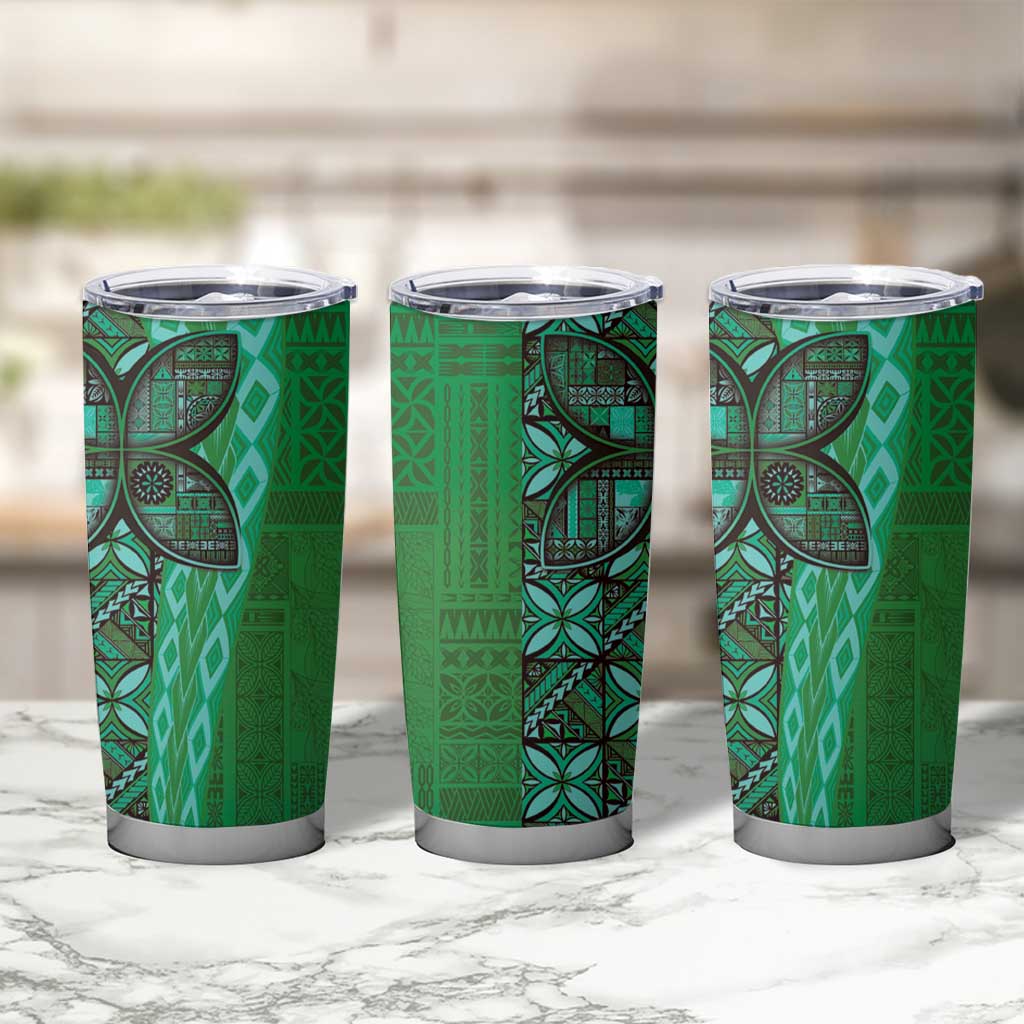 Samoan Pacific Tribal Flower Geometric Art Tattoos Tumbler Cup Siapo Pattern Emerald Glow - Polynesian Pride