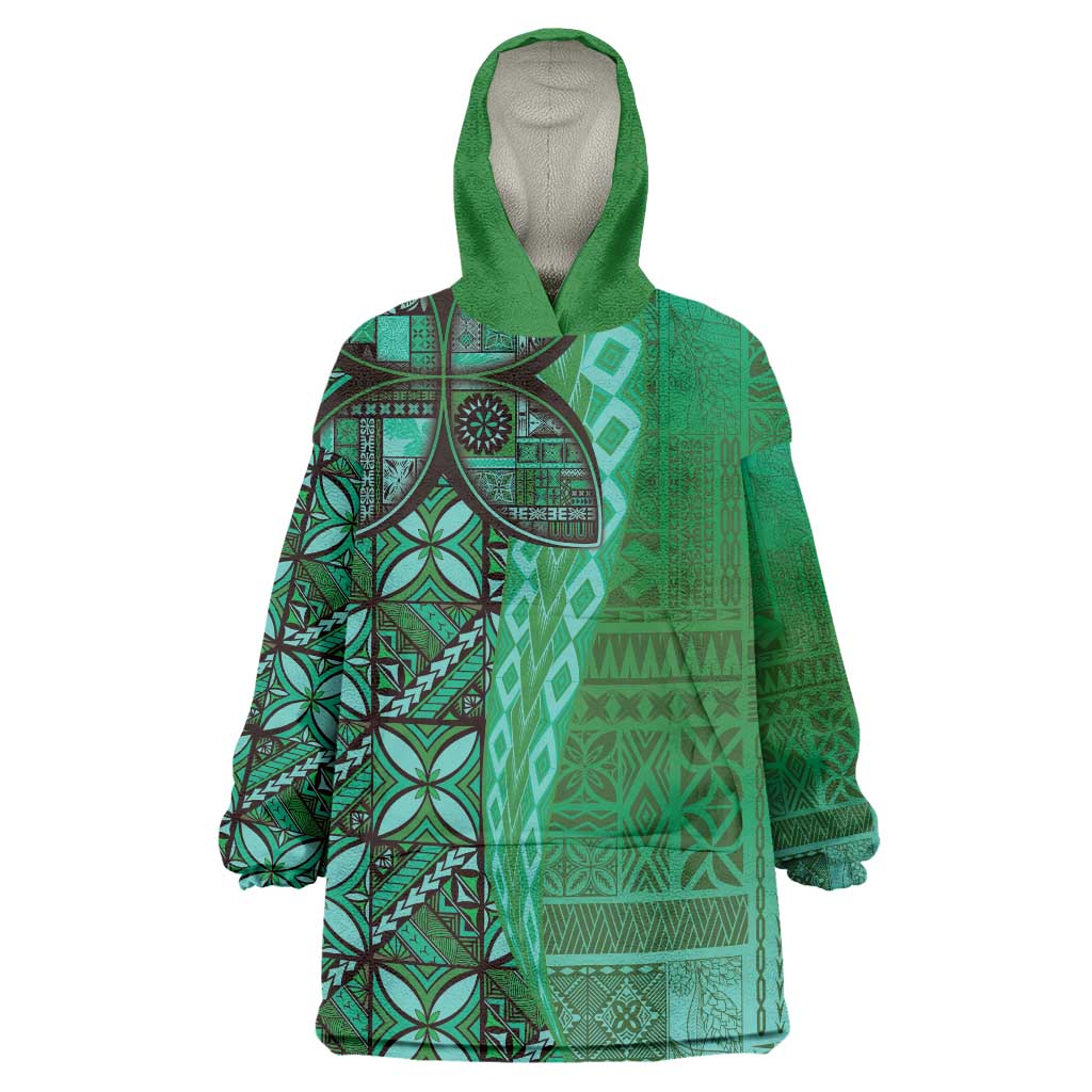 Samoan Pacific Tribal Flower Geometric Art Tattoos Wearable Blanket Hoodie Siapo Pattern Emerald Glow - Polynesian Pride