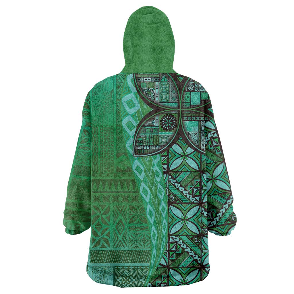 Samoan Pacific Tribal Flower Geometric Art Tattoos Wearable Blanket Hoodie Siapo Pattern Emerald Glow - Polynesian Pride