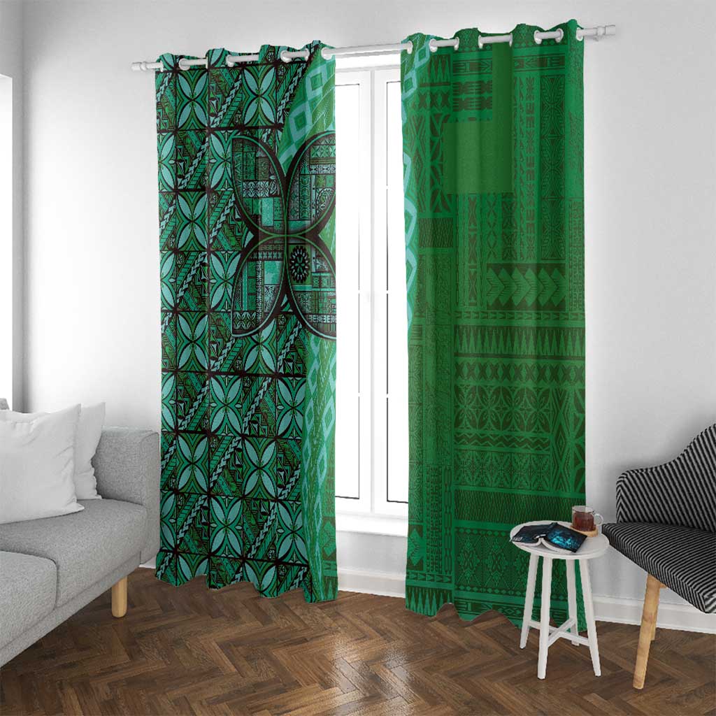 Samoan Pacific Tribal Flower Geometric Art Tattoos Window Curtain Siapo Pattern Emerald Glow - Polynesian Pride