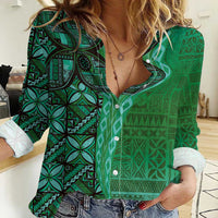 Samoan Pacific Tribal Flower Geometric Art Tattoos Women Casual Shirt Siapo Pattern Emerald Glow - Polynesian Pride