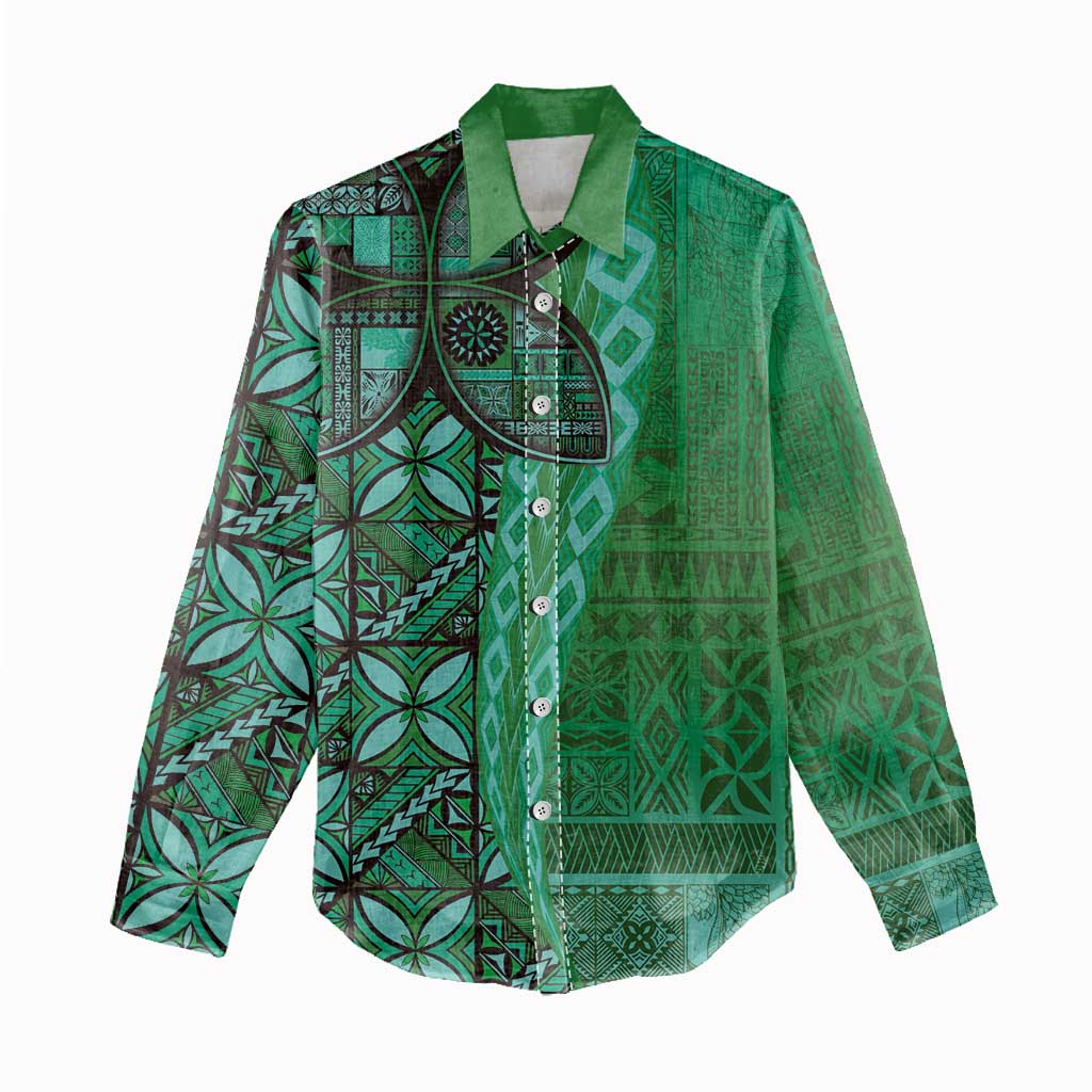 Samoan Pacific Tribal Flower Geometric Art Tattoos Women Casual Shirt Siapo Pattern Emerald Glow - Polynesian Pride