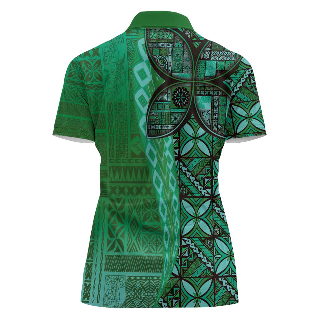 Samoan Pacific Tribal Flower Geometric Art Tattoos Women Polo Shirt Siapo Pattern Emerald Glow - Polynesian Pride