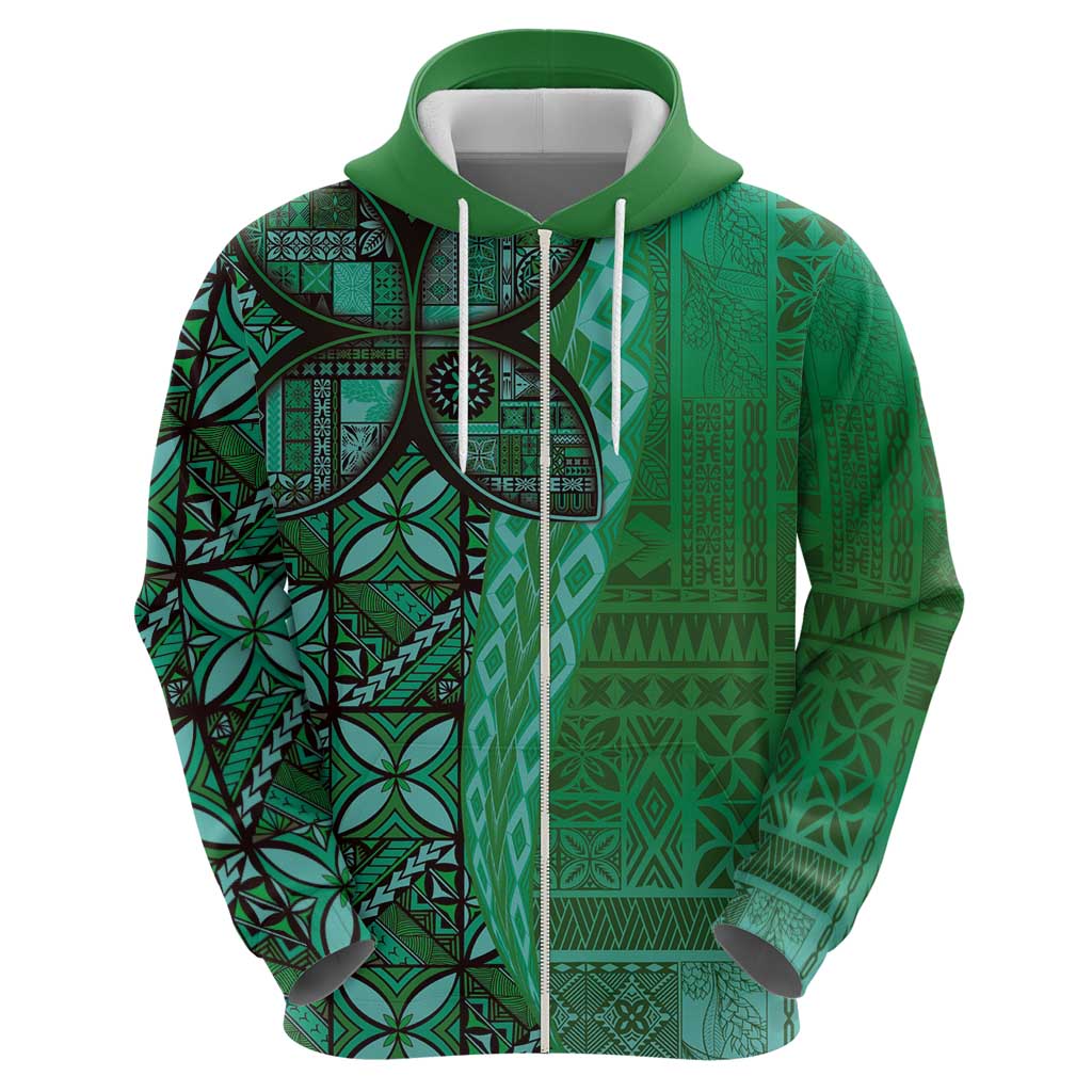 Samoan Pacific Tribal Flower Geometric Art Tattoos Zip Hoodie Siapo Pattern Emerald Glow - Polynesian Pride