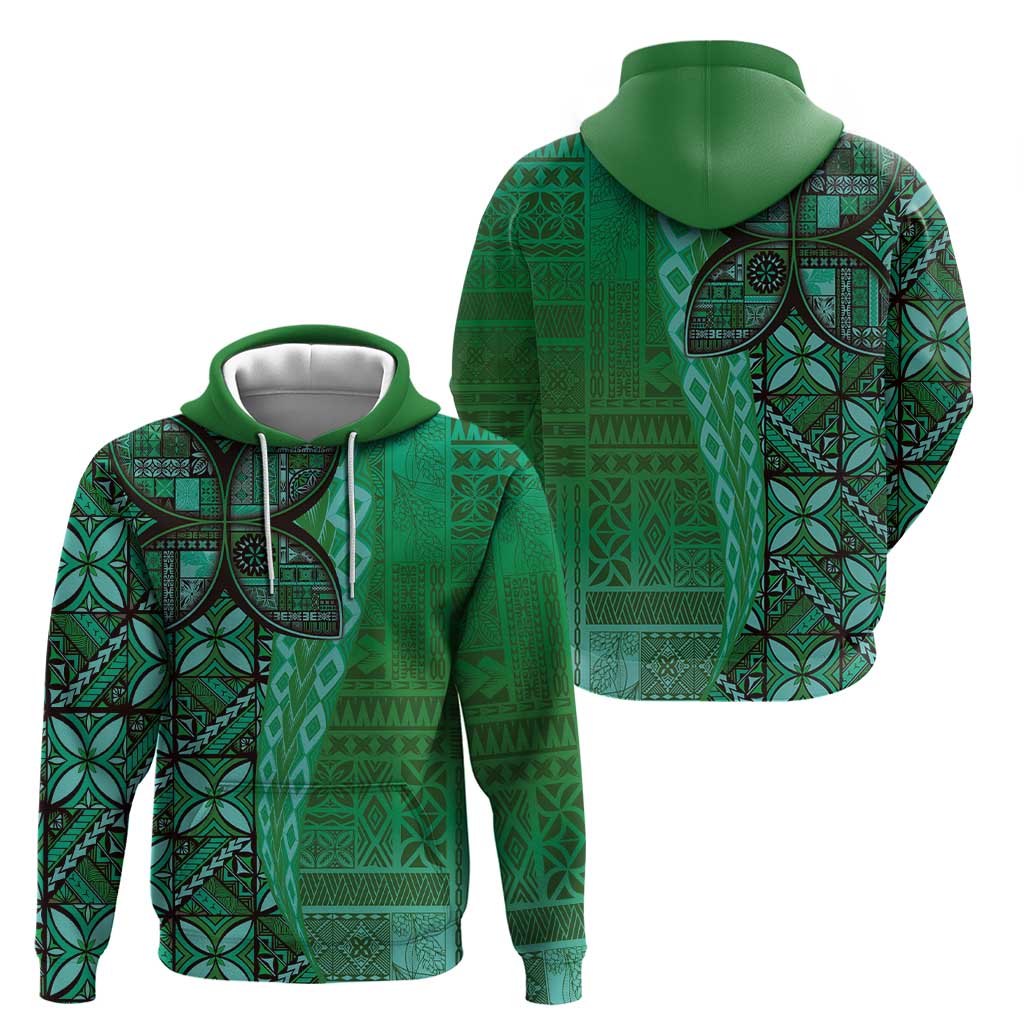 Samoan Pacific Tribal Flower Geometric Art Tattoos Zip Hoodie Siapo Pattern Emerald Glow - Polynesian Pride