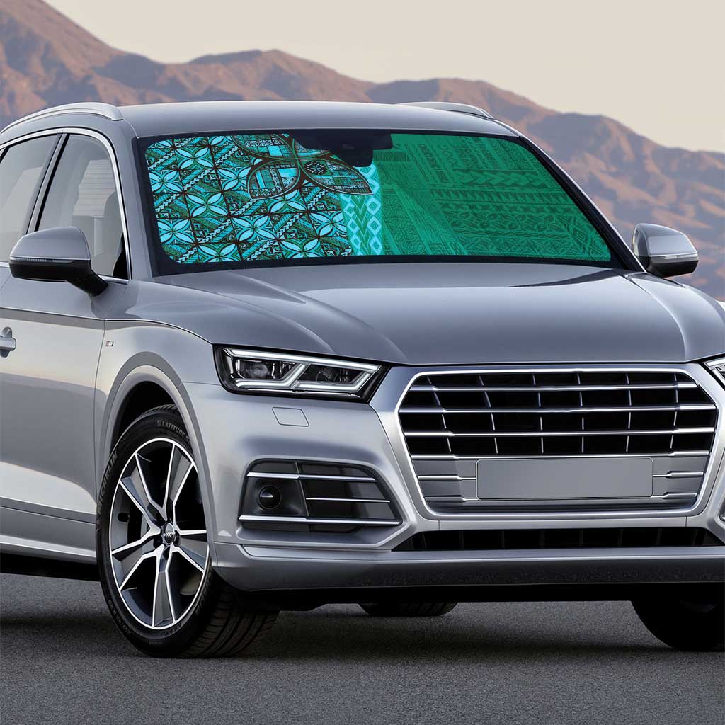 Samoan Pacific Tribal Flower Geometric Art Tattoos Auto Sun Shade Siapo Pattern Turquoise Tide - Polynesian Pride